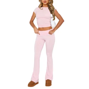 Women’s 2-Piece Casual Outfit Set – Short Sleeve Crop Top & High-Waist Skinny Pants
