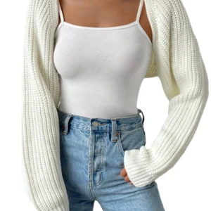 Women’s Cropped Open Front Cardigan – Long Sleeve Ribbed Knit Bolero Shrug Sweater