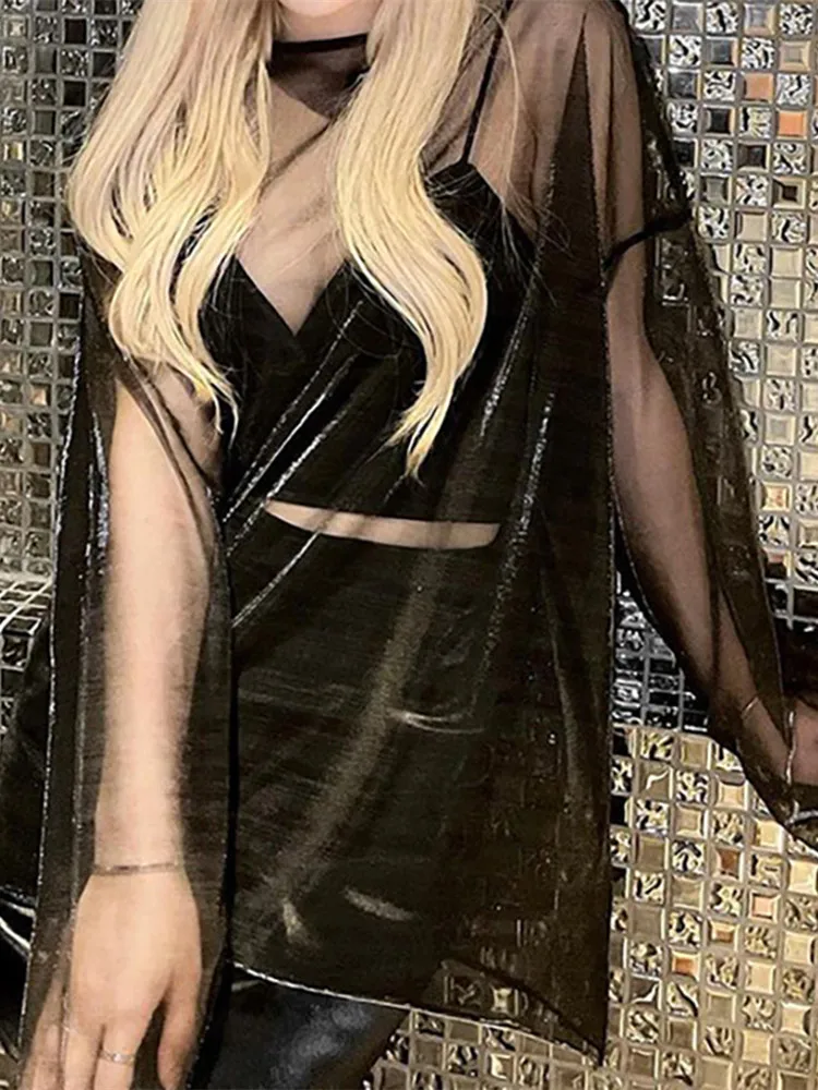 Women’s Sheer Mesh Long Sleeve Oversized T-Shirt – Y2K Aesthetic Transparent Top - Image 3