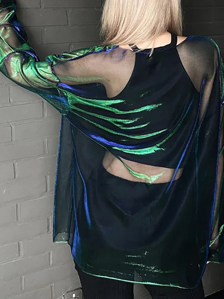 Women’s Sheer Mesh Long Sleeve Oversized T-Shirt – Y2K Aesthetic Transparent Top - Image 2