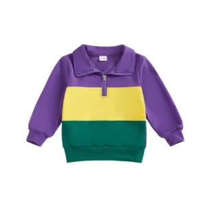 Toddler Color Block Sweatshirt – Long Sleeve Zip Collar Pullover for Boys & Girls (6 Months–4 Years)