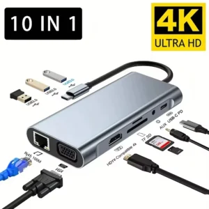 USB-C Hub 10-in-1 – 4K HDMI, USB 3.0 & Fast Charging Adapter (Universal Compatibility)