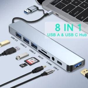 USB-C Hub 8-in-1 – Card Reader, Audio Jack & Multi-Port Adapter (Universal Compatibility)
