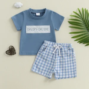 Infant Boys Summer Outfit Set – Embroidered T-Shirt & Plaid Shorts 2-Piece Casual Toddler Clothing