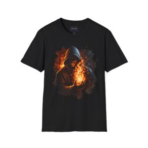 Fire Mage Graphic T‑Shirt — Hooded Sorcerer with Flaming Orb Tee