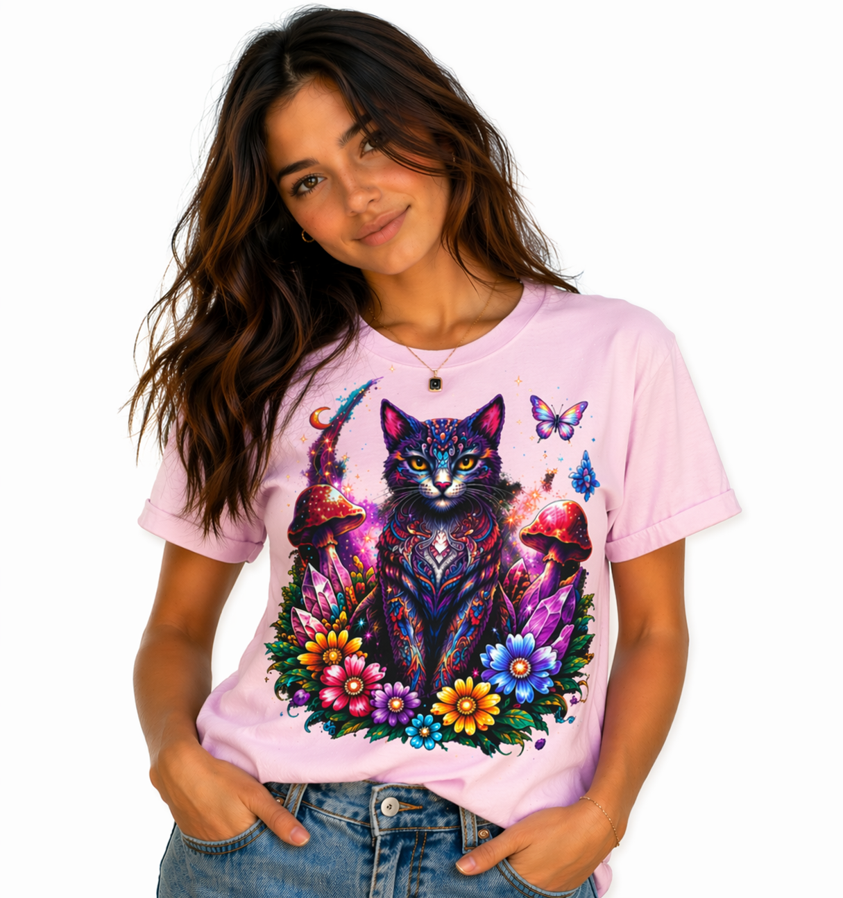 Mystic Cat Floral Graphic T-Shirt – Psychedelic Fantasy Art - Image 2
