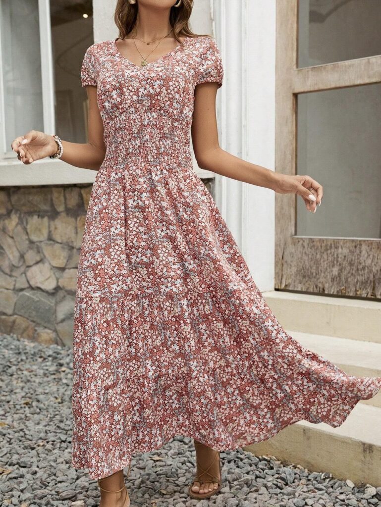 Blossom Chic V-Neck Floral Dress for Women – Soft Breathable Casual Summer Midi Dress