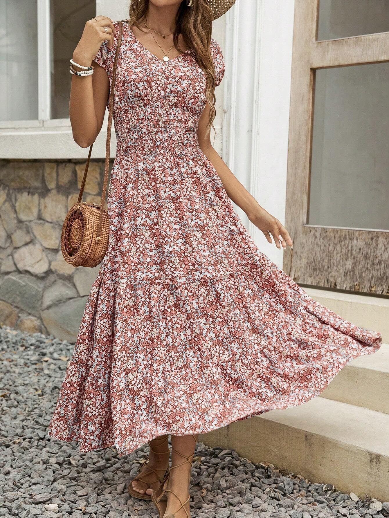 Blossom Chic V-Neck Floral Dress for Women – Soft Breathable Casual Summer Midi Dress - Image 3