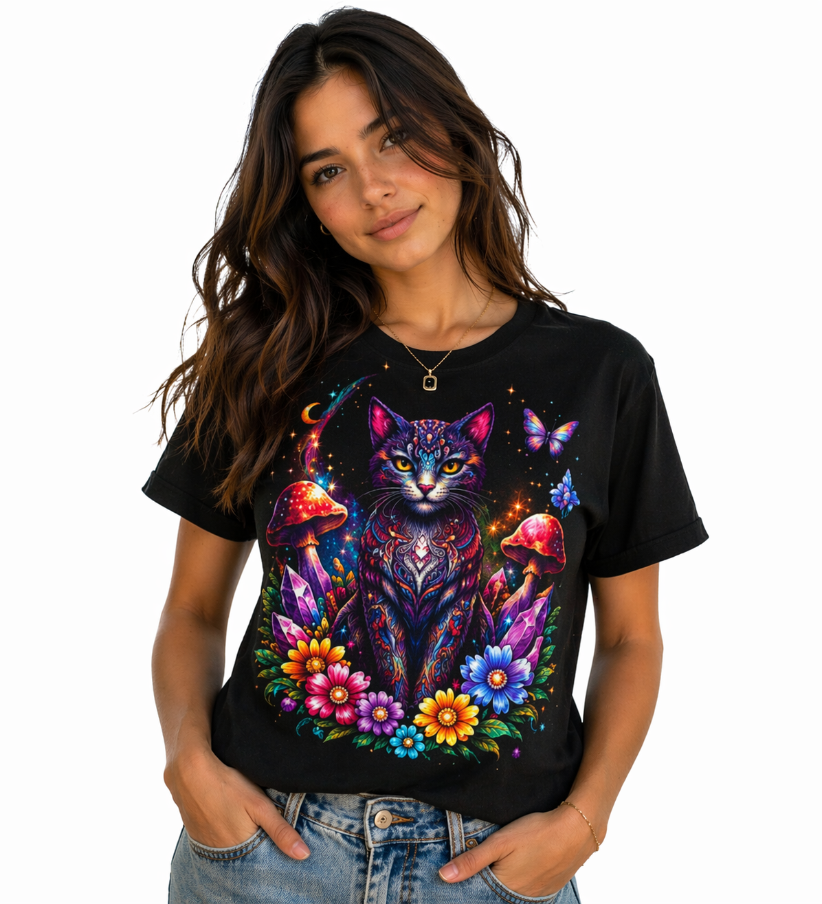 Colorful Mystic Cat Graphic T-Shirt – Psychedelic Floral Unisex Tee - Image 4