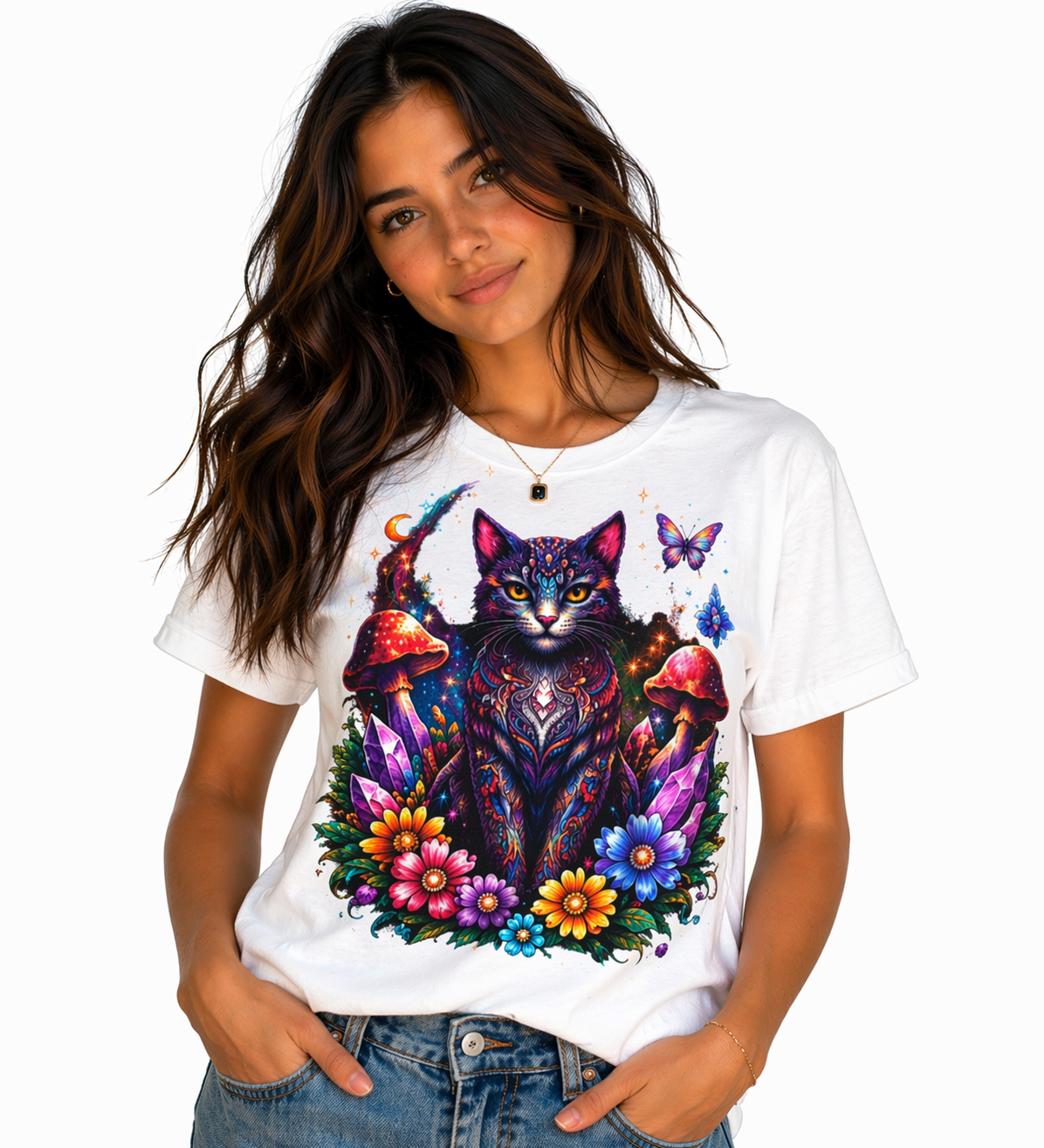 Mystic Cat Floral Graphic T-Shirt – Psychedelic Fantasy Art - Image 4