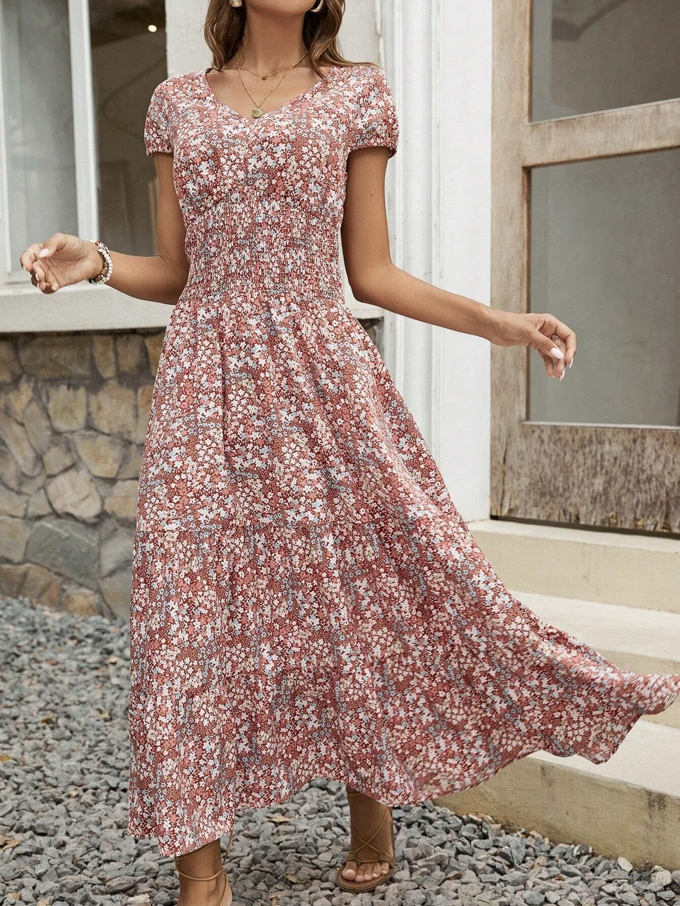 Blossom Chic V-Neck Floral Dress for Women – Soft Breathable Casual Summer Midi Dress - Image 2