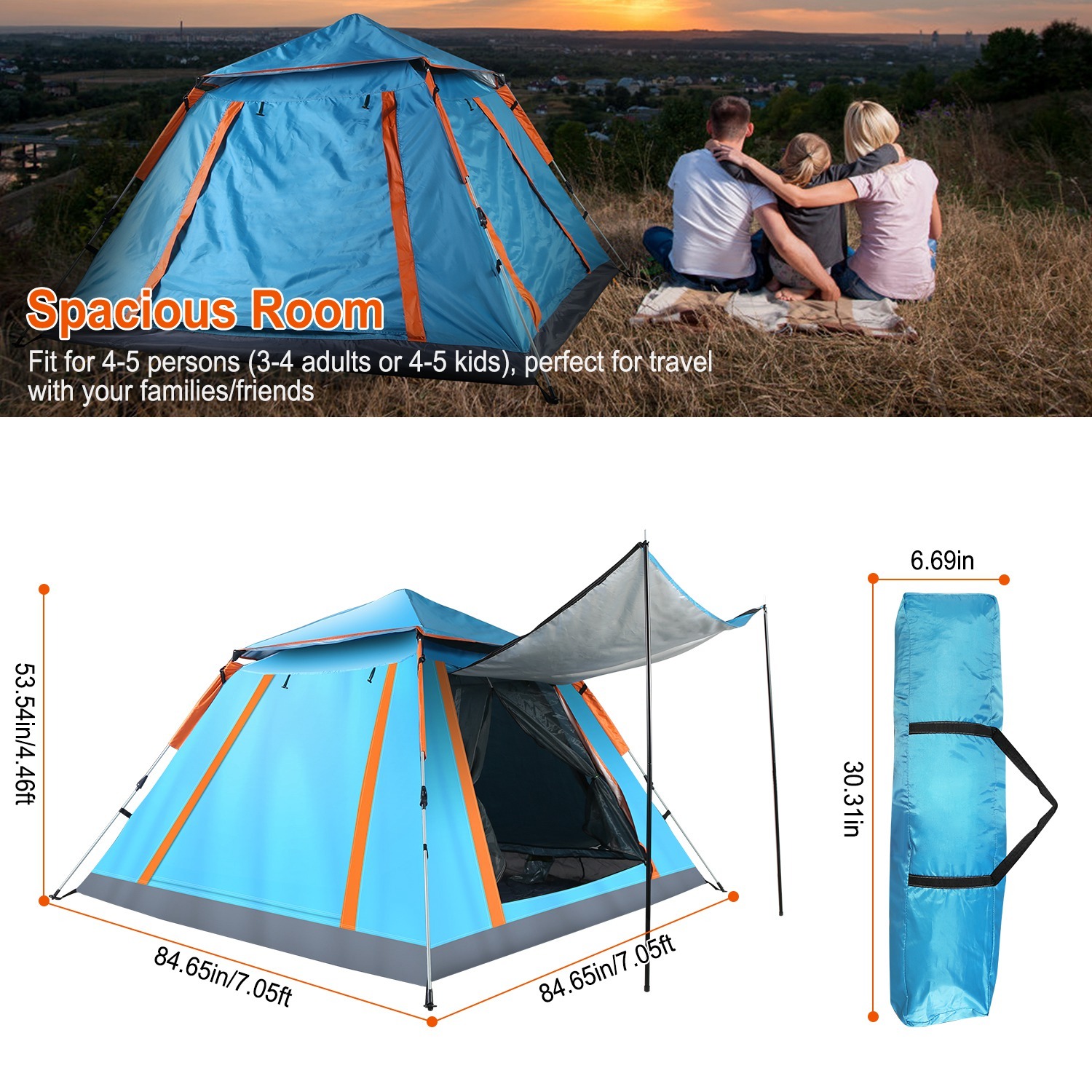 1Pc 4-5 Person Camping Tent With 2 Mosquito Nets Windows Carry Bag Waterproof 7.05x7.05x4.46ft For Hiking Climbing Adventure Fishing Fedex Shipping - Image 5
