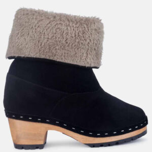 Juglans Fur Collared Ankle Clog Boots In Black
